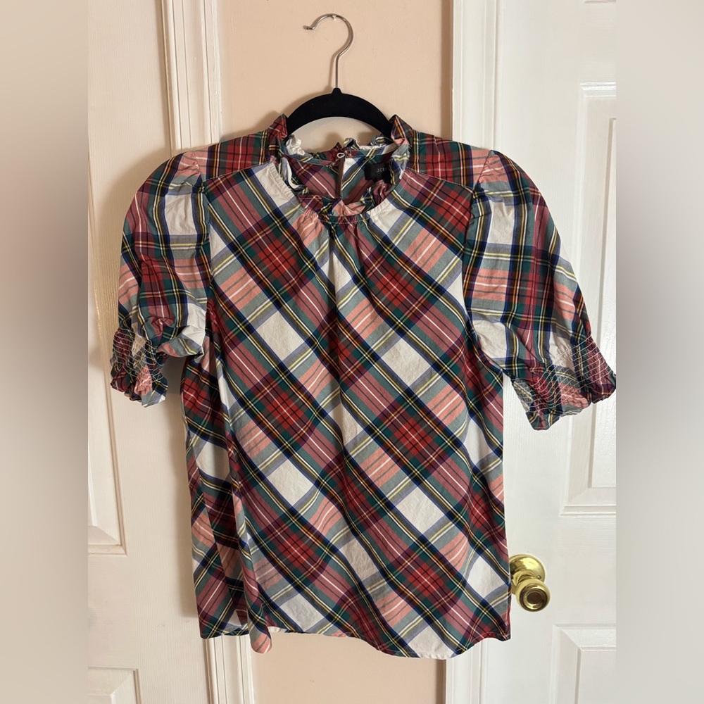 J Crew Puff-Sleeve Top in Snowy Stewart Tartan